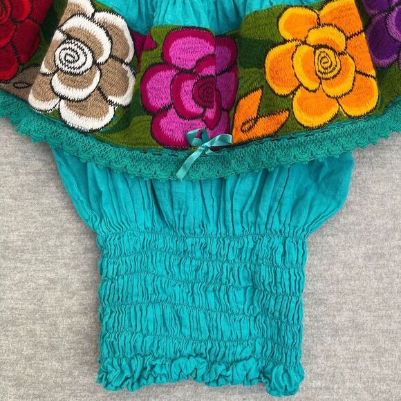 Boho Embroidered Gauze Off The Shoulder Top Peasant Turquoise Mexican Campesina - Picture 4 of 10